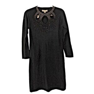 Vintage Melrose Chic Women's Small Black Knit Dress Embelished Long Sleeve